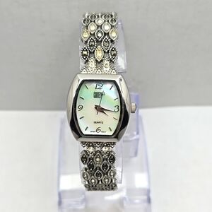 Womens Gruen Marcasite Silver Tone Crystals Mother of Pearl Watch New Battery